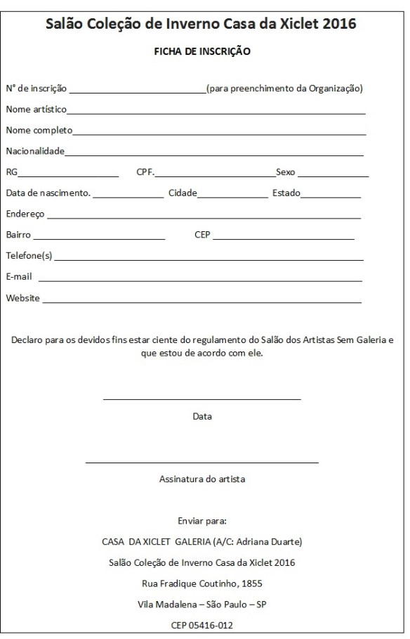 Ficha de Inscrição do Salao Inverno Casa da Xiclet 2016